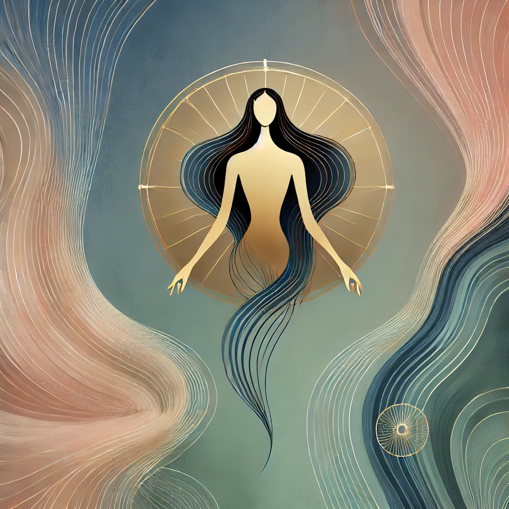 Abstract figure surrounded by flowing blue and rose lines