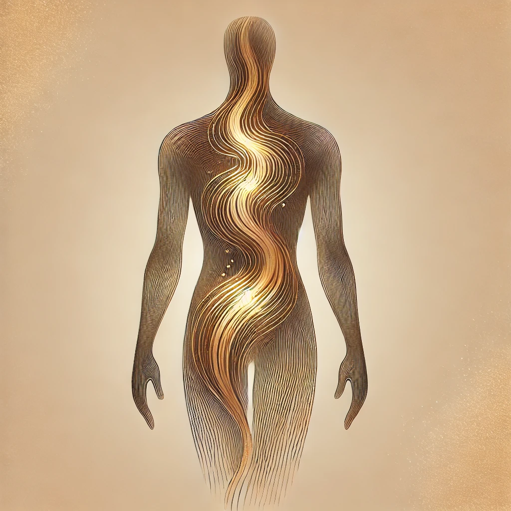 Flowing golden lines tracing a human body