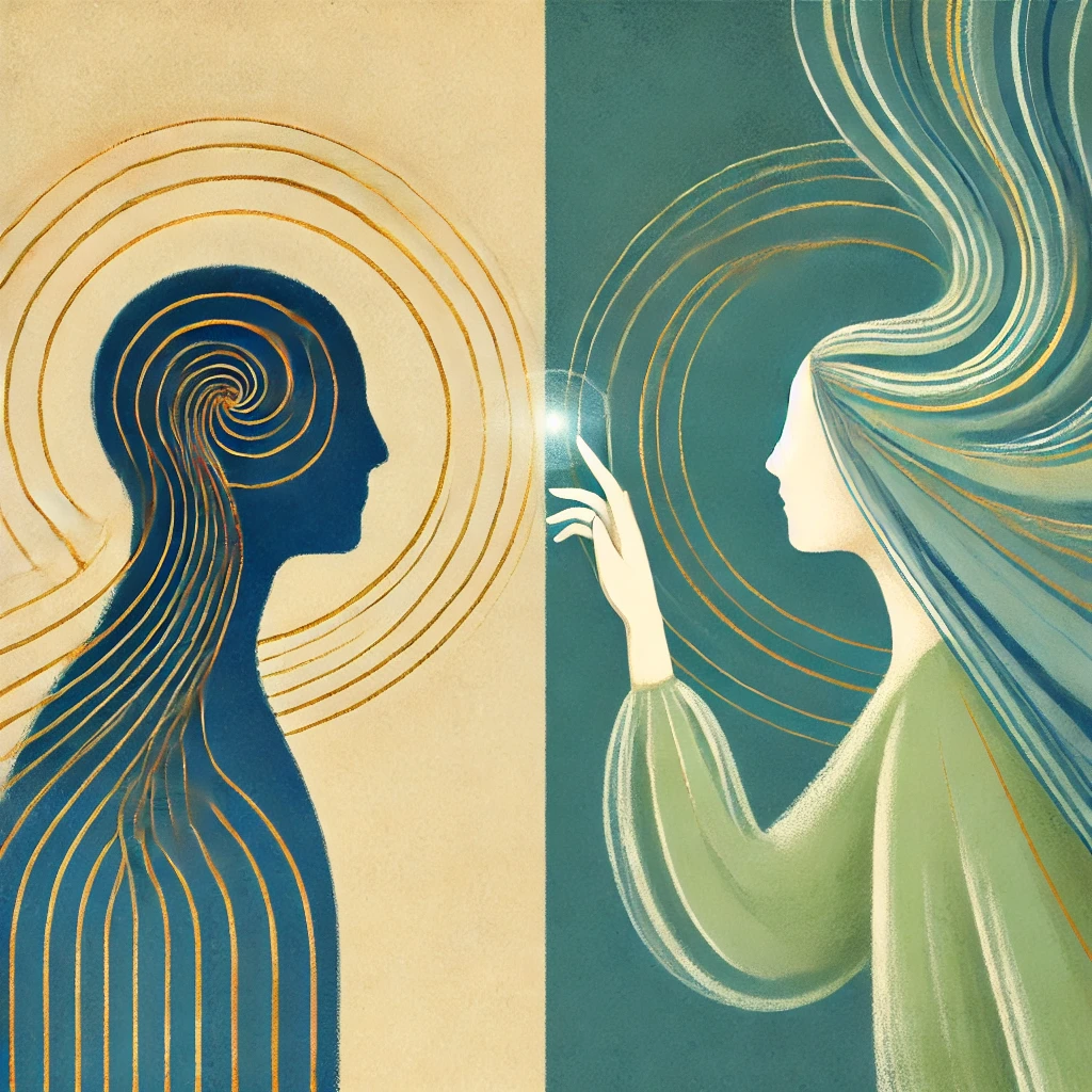 Two illustrated figures connected through flowing lines